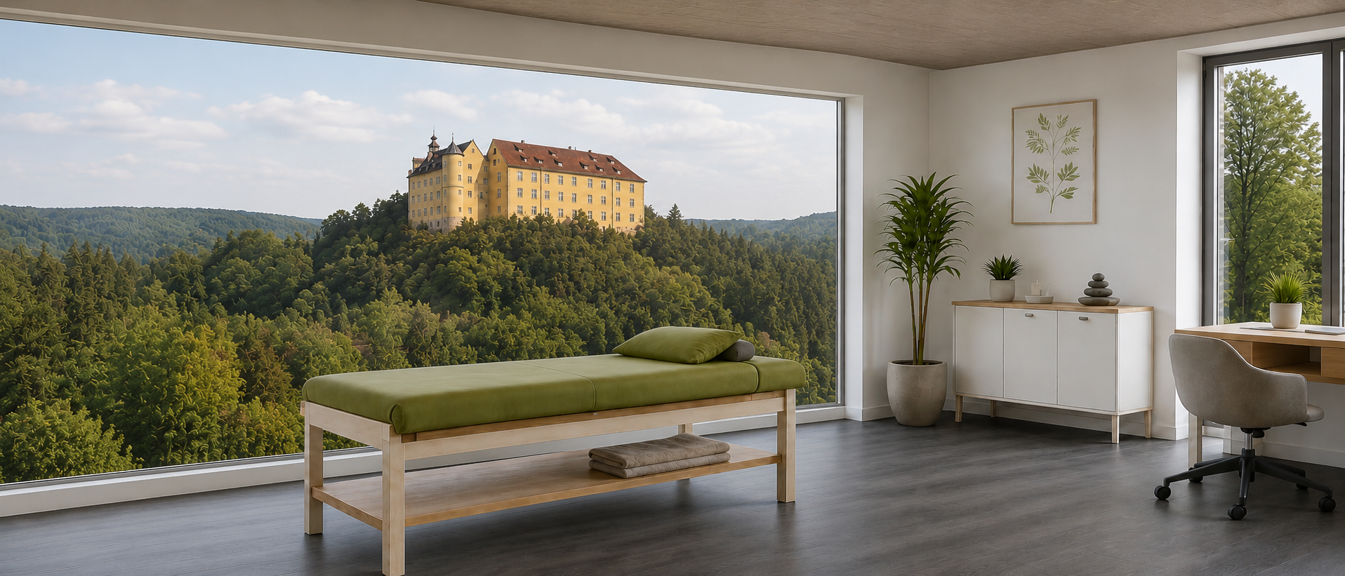 Behandlungsraum mit Blick auf die Landschaft und die Burg